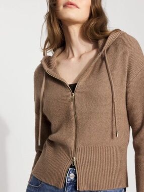 WHBM Rib Knit Zip Front Hooded Sweater Cardigan Jacket Taupe S Like New